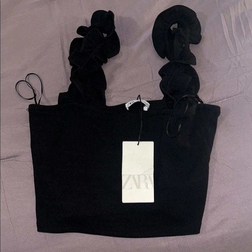 Zara Black Ruffle Strap Crop Top